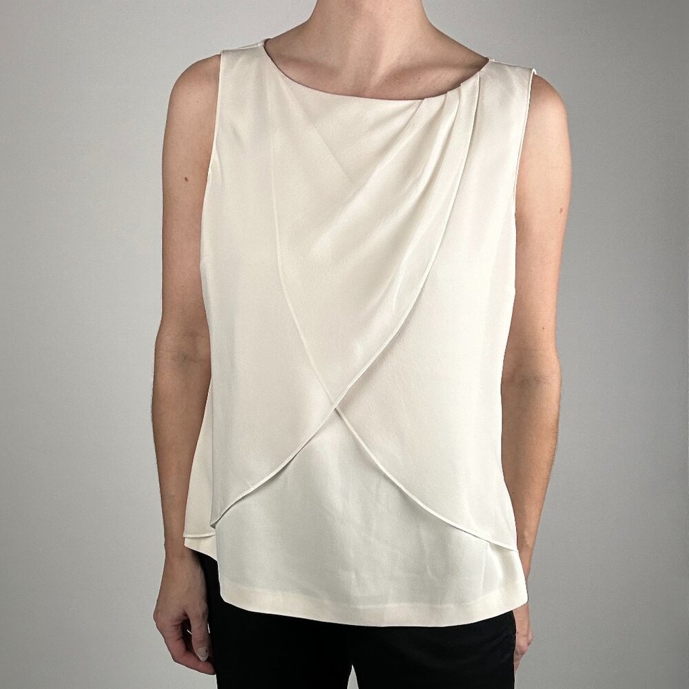 St. John Ivory Cross-Draped Chiffon Overlay Sleeveless Top
